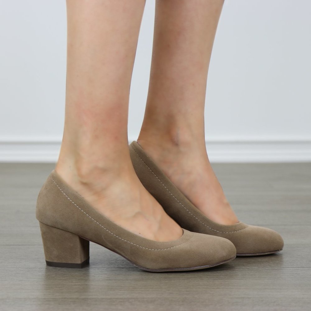 Taupe Vegan Suede Round Toe Chunky Heel Pump - Picture 2 of 6